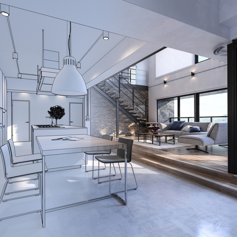 Design mockup half in white and half in color of luxury house interior with open plan living room and dining area with furnishing. 3d render