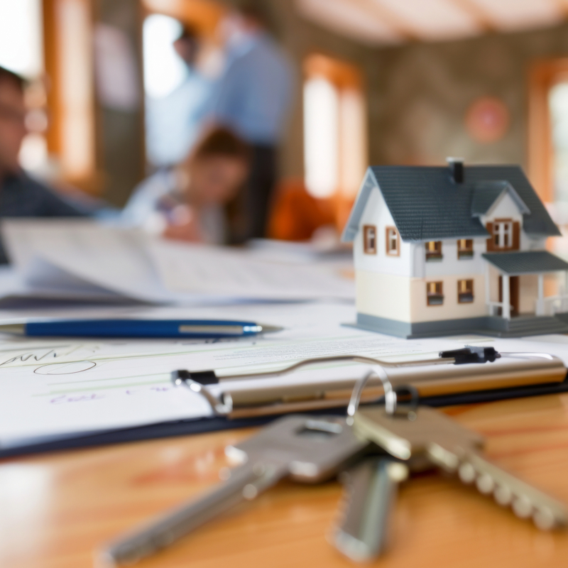 Concept for selling a house and home insurance. Signing a house purchase and sale agreement, housing rental, property insurance. key, house, mortgage, real estate, rent, selling, loan, property, agent