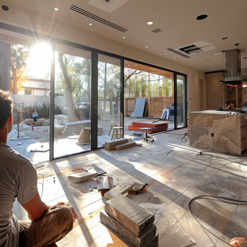 Worker sits in a modern kitchen under construction with sunlight and tools